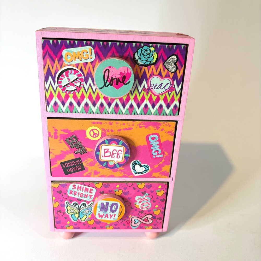 Pink Wooden Mini 3 Drawer Jewelry Box Trinket Chest Hand Decorated Sticker Art
